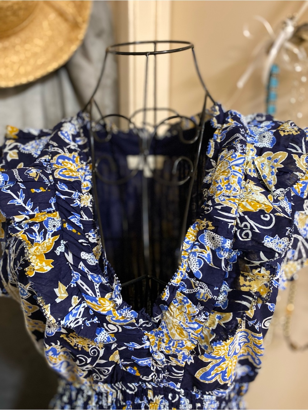 Elan Navy and Yellow Floral Ruffled Midi Dress - Picture 2 of 16
